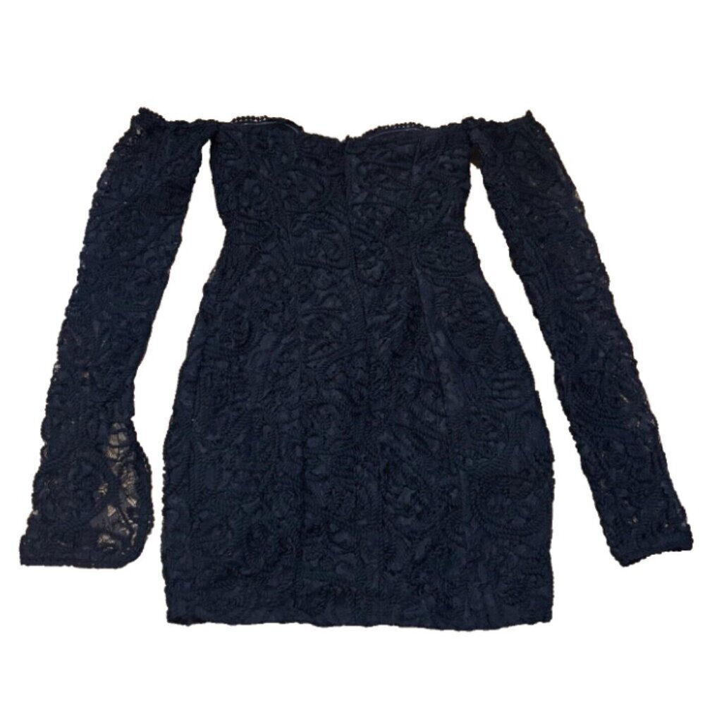 PRETTYLITTLETHING Black Lace Bardot Long Split Sleeve Bodycon Dress Womens Sz 0 - Picture 6 of 6